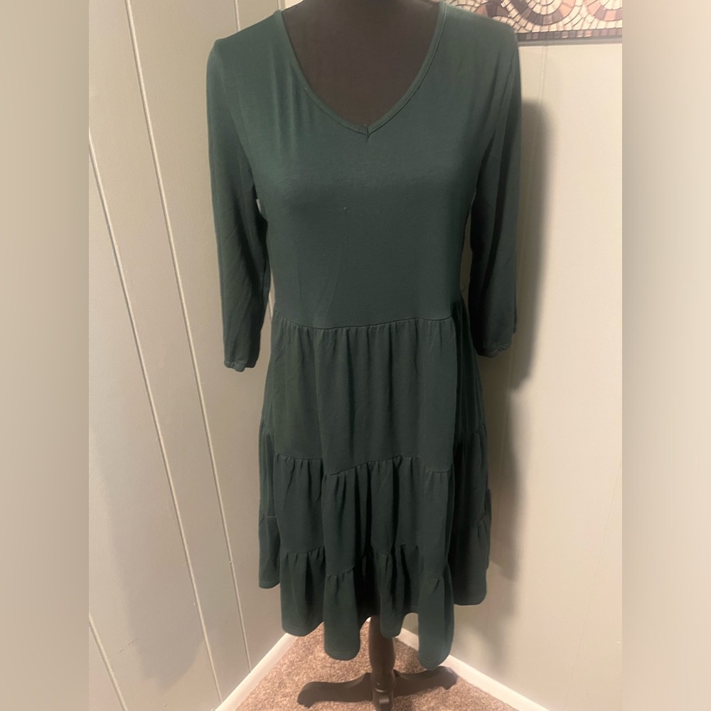Lyrur Womens Dress Long Sleeve Flowy Tiered Green Dress, Size SMALL
